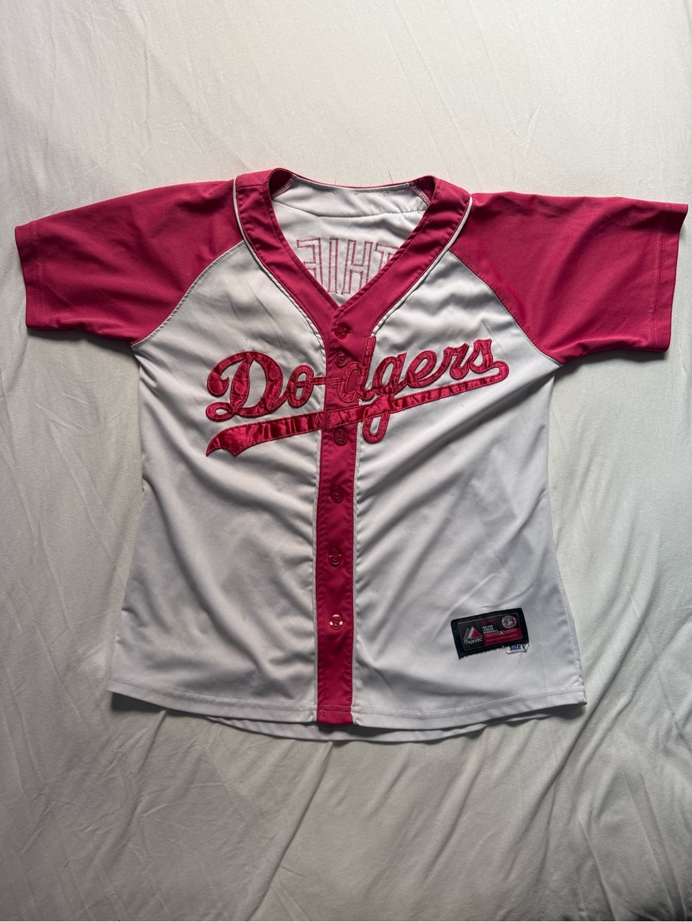 Majestic Dodgers Kids Pink and White Button-Up Jersey